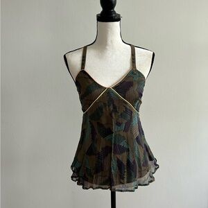 Diesel Y2k vintage 100 silk geometric navy olive flutter tank top Small